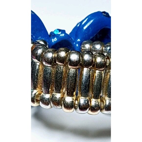 Vintage Cobalt Blue Bow Stretch Ring Enameled Rhinestone Encrusted Silver Tone - Picture 9 of 9